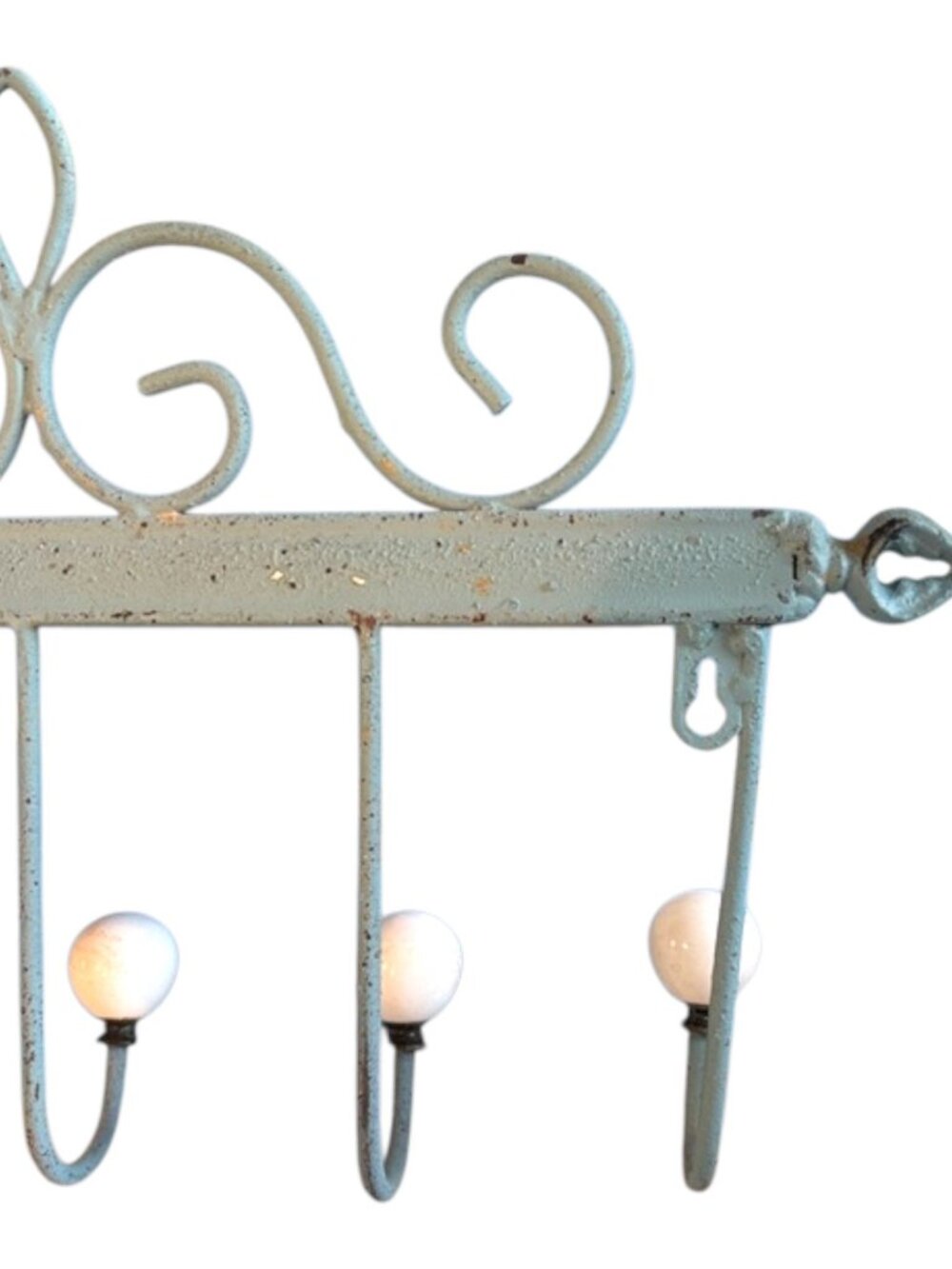Vintage Shabby Chic Metal Coat Rack 19” Wall Hooks White Ceramic Knobs - Picture 13 of 14